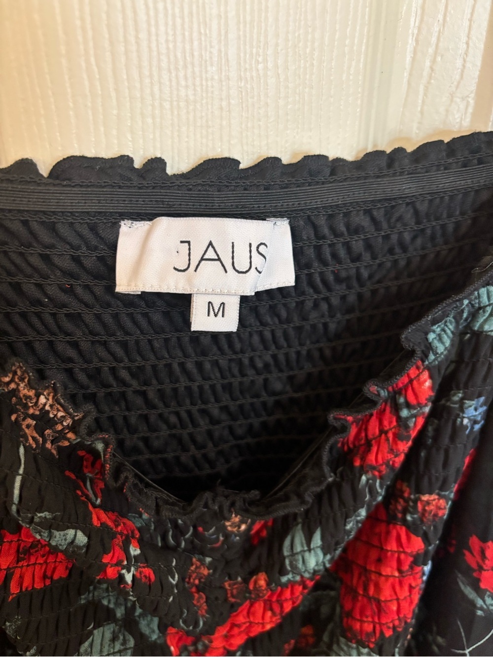 JAUS Black Red Floral Smocked Midi Dress Puff Sleeve Bodycon cocktail semi forma - Picture 4 of 10